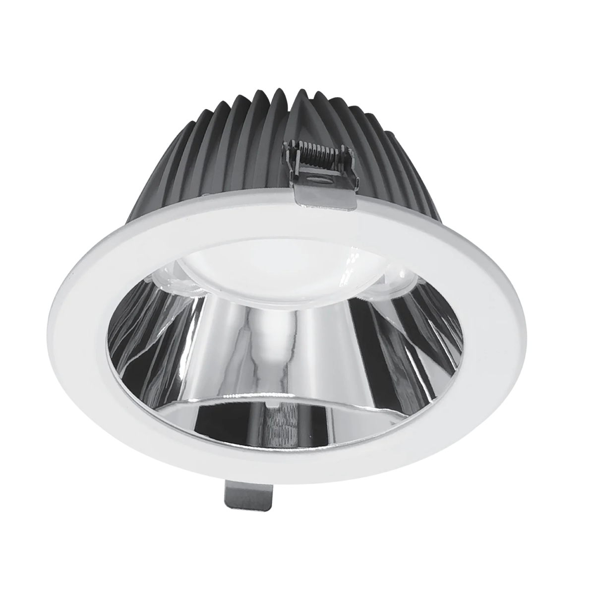 LED downlight with black housing and silver reflector on a white background