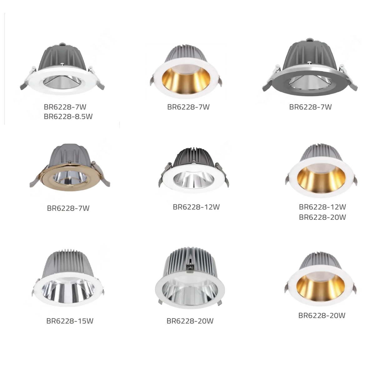 Various sizes of LED downlights on a white background