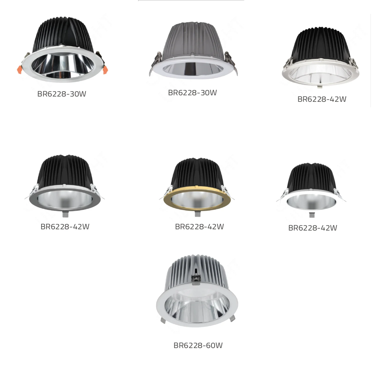 Set of LED downlights with varying wattages on a white background