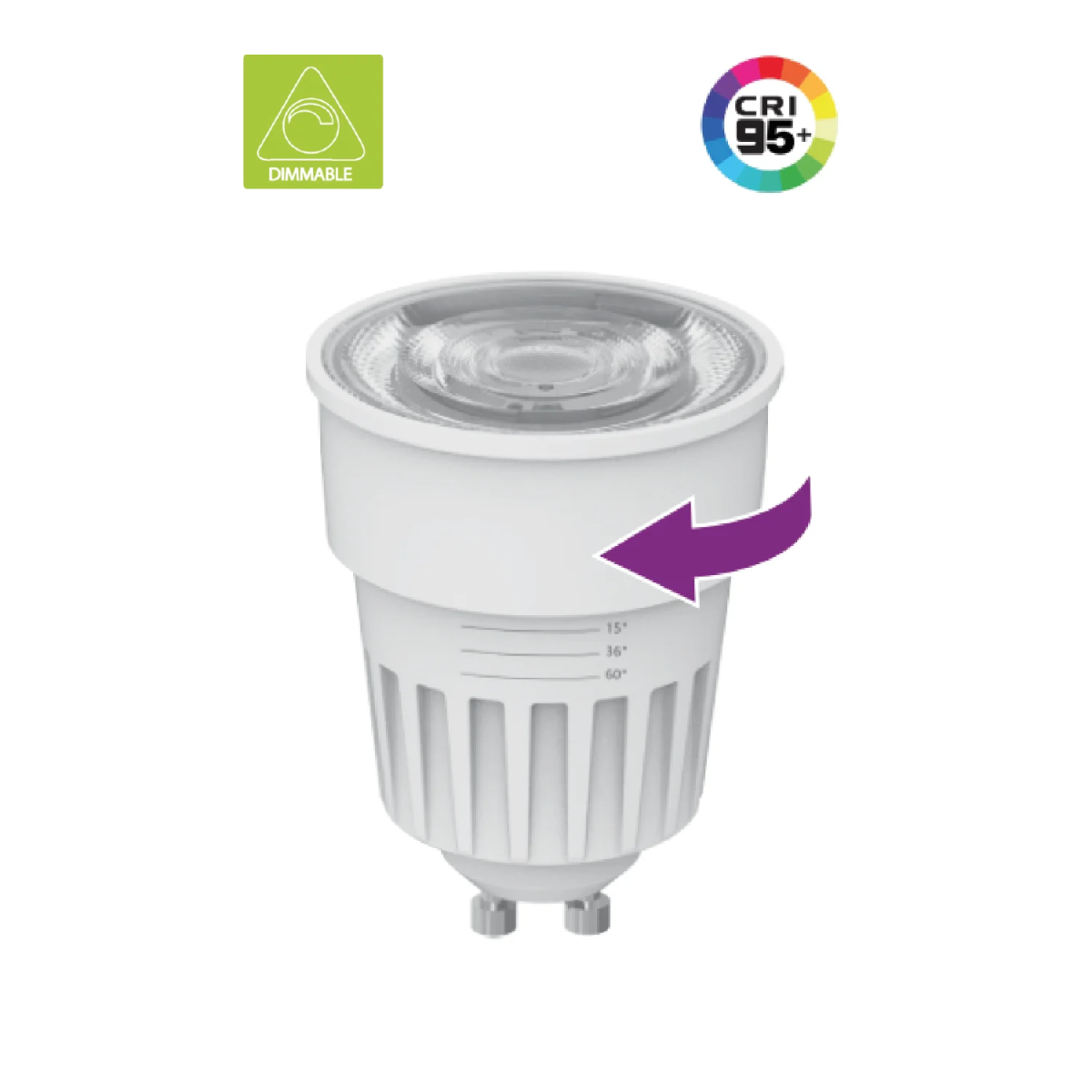 LED light bulb with CRI 95+ and dimmable indicators on a white background
