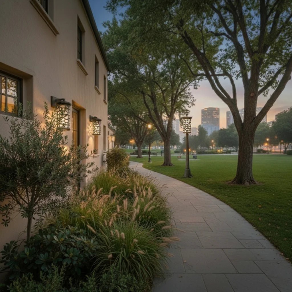 Evening scene of a building exterior with a pathway and trees
