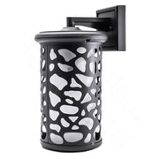 Black wall-mounted outdoor light fixture with a unique pattern on a white background