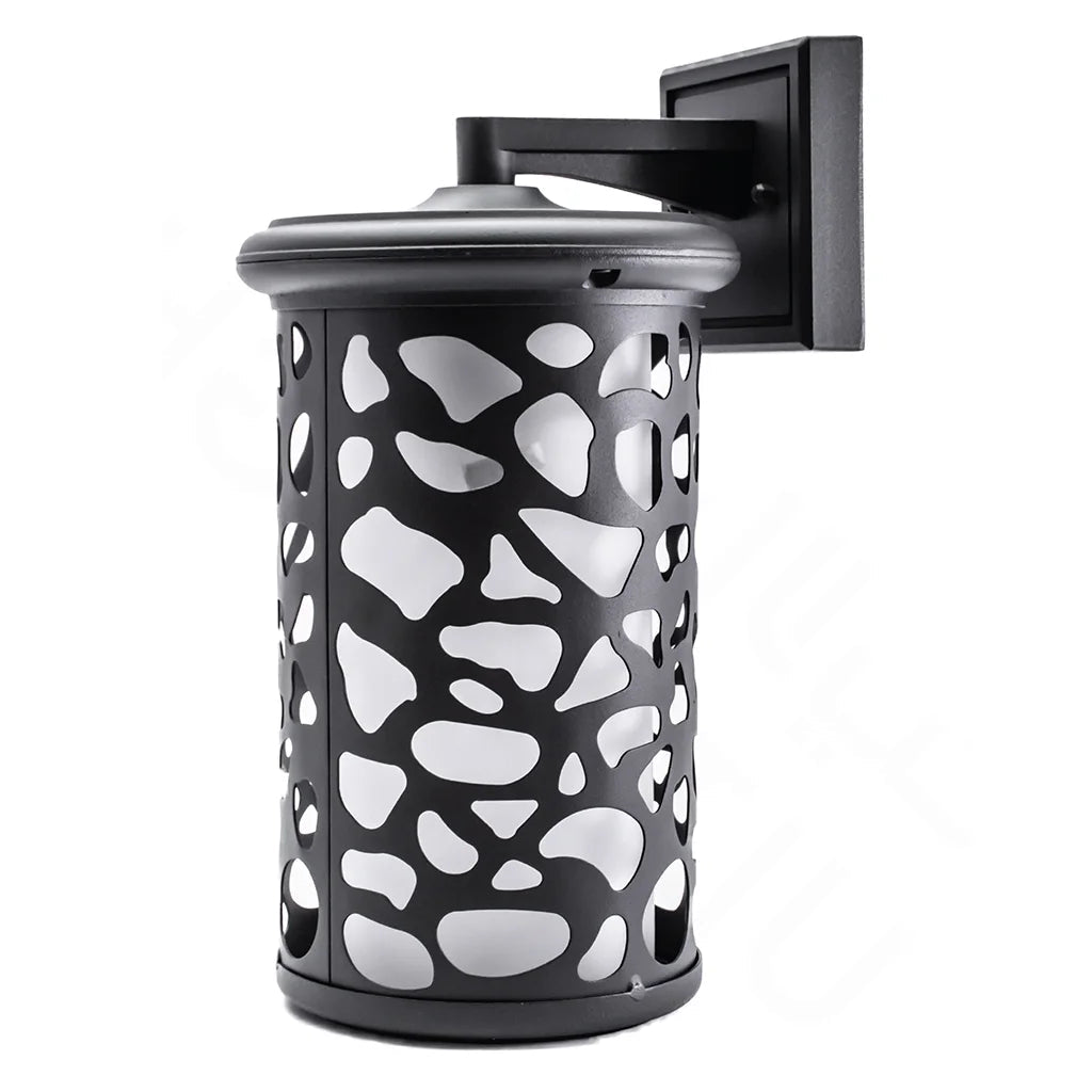Black wall-mounted outdoor light fixture with a unique pattern on a white background