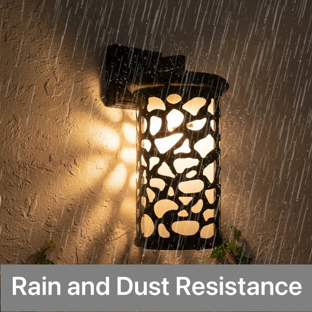 Outdoor wall light fixture on a textured wall with rain and dust resistance text overlay