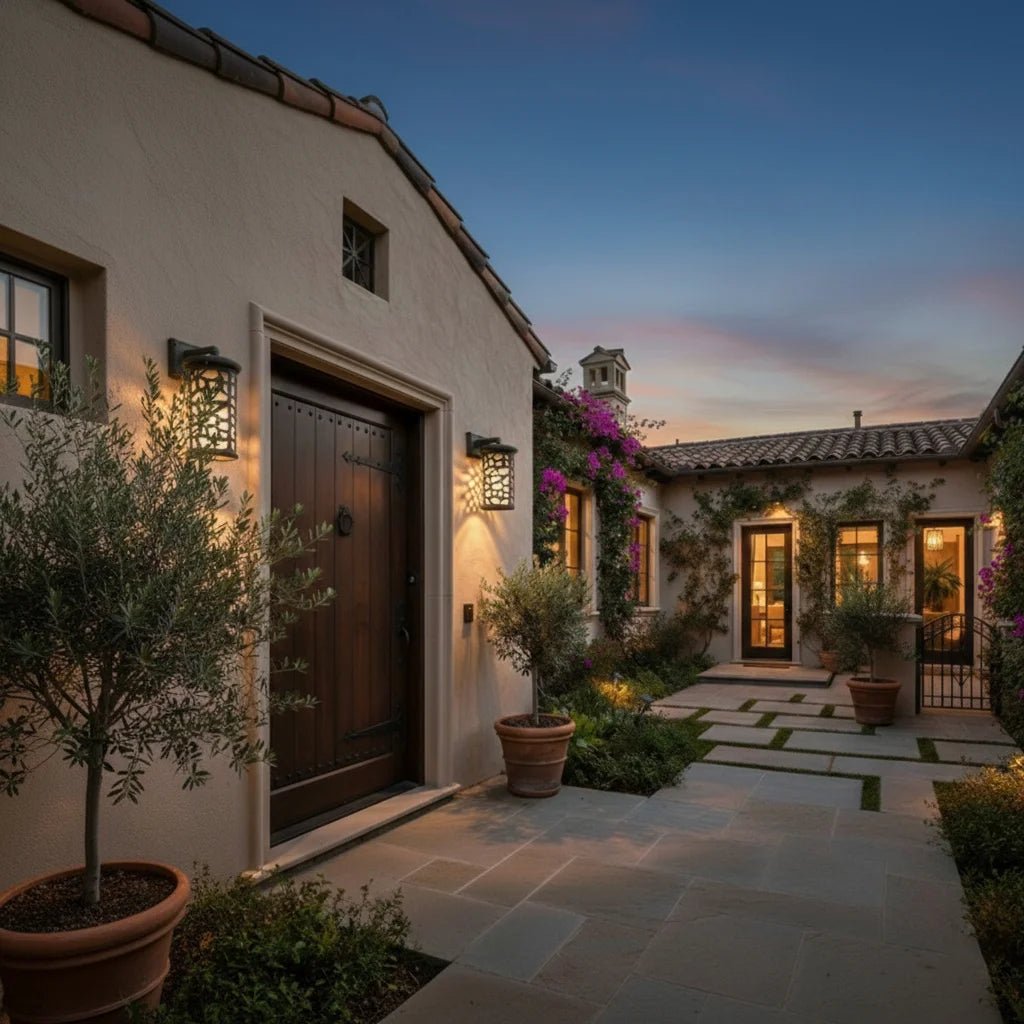 Evening view of a residential house exterior with decorative elements and lighting.