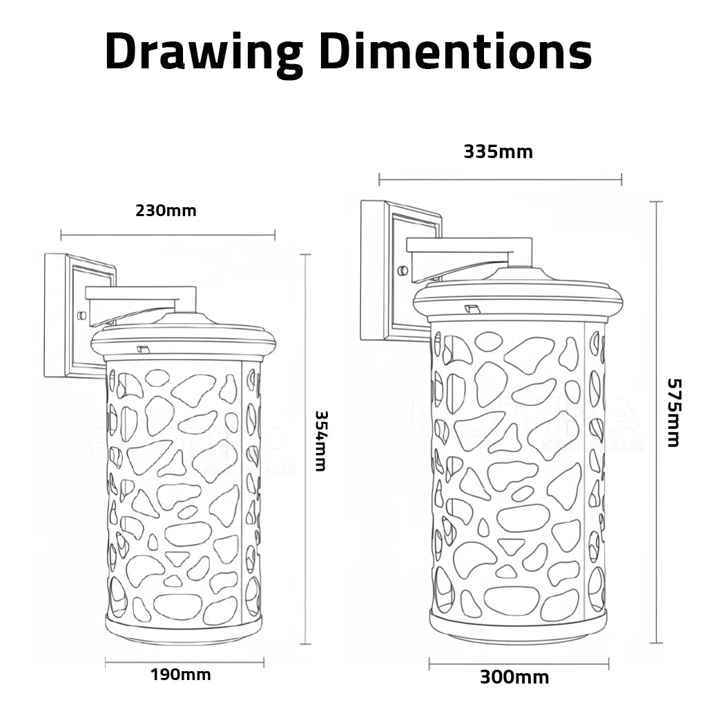 Dimensions of a decorative wall-mounted light fixture with stone-like pattern.