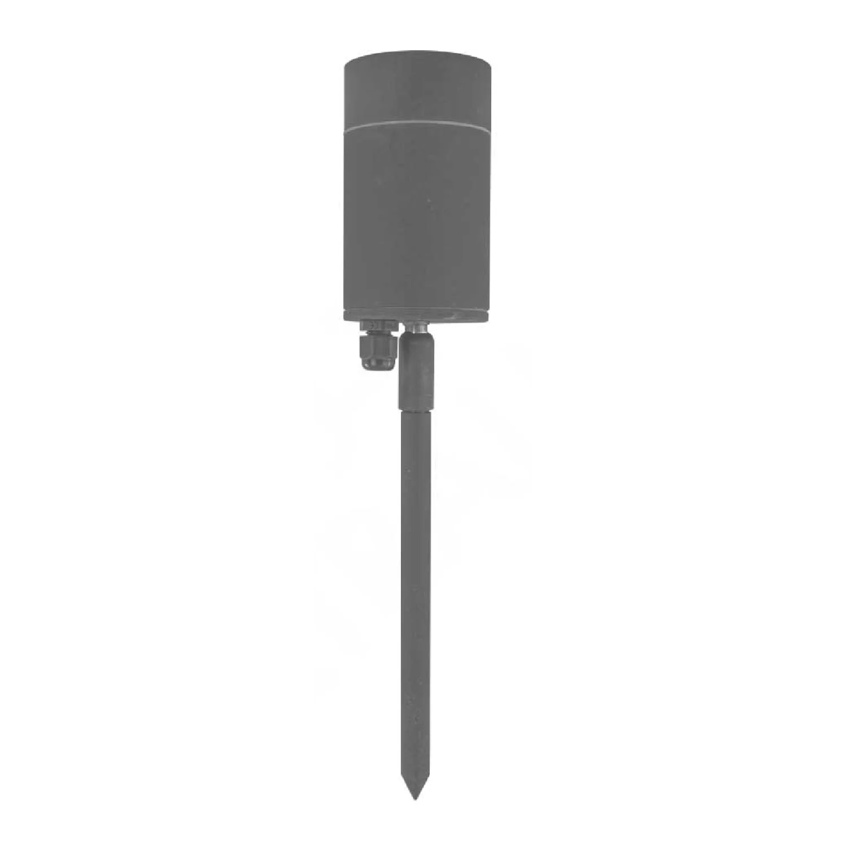 Dark gray outdoor sensor with a stake on a white background