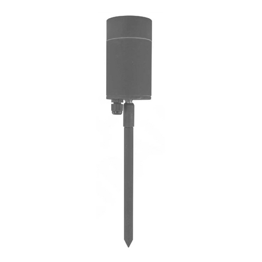 Dark gray outdoor sensor with a stake on a white background