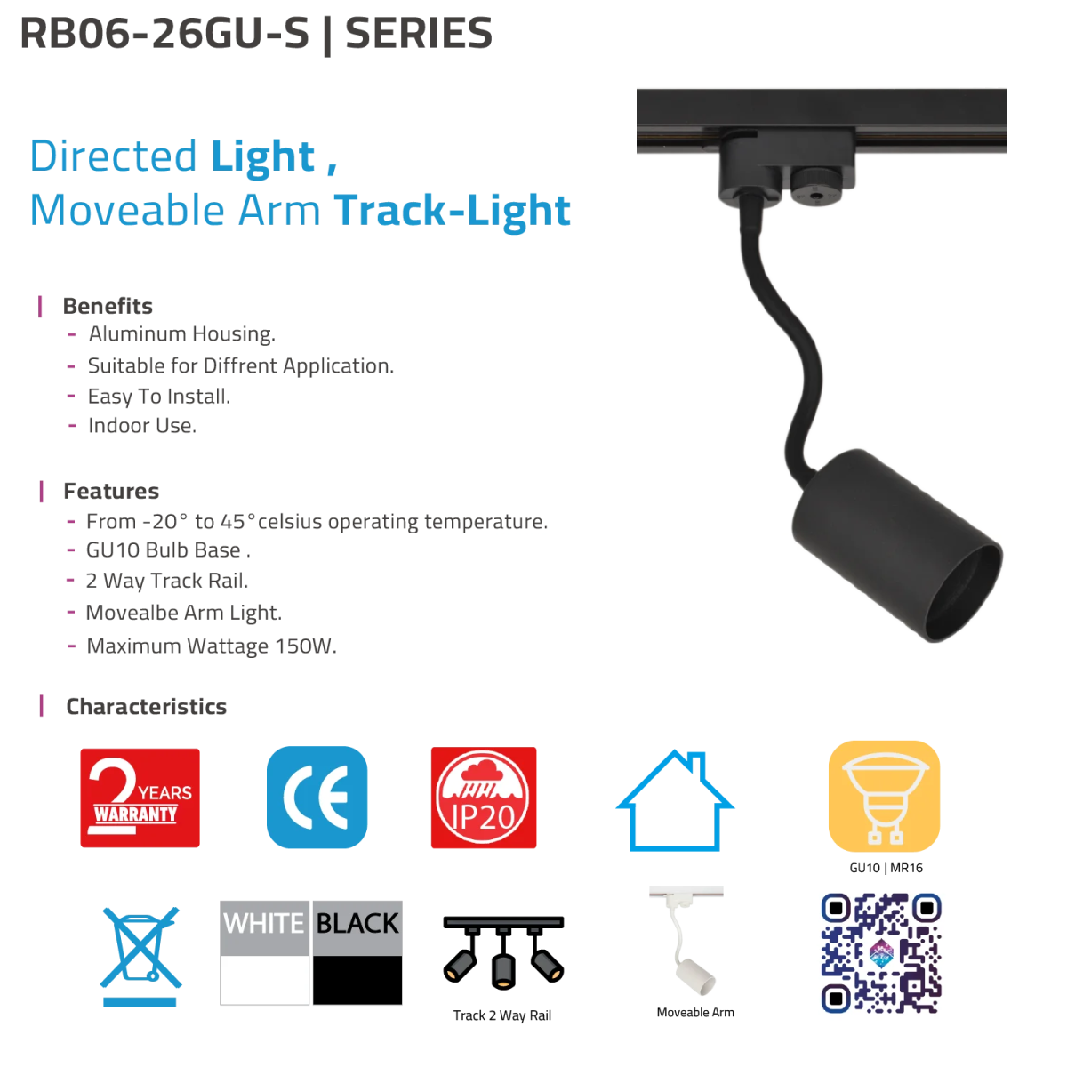 كشاف تراك لايت قاعدة GU10 – بذراع متحرك و لون أسود للاستخدام الداخلي (RB06-26GU-S)
