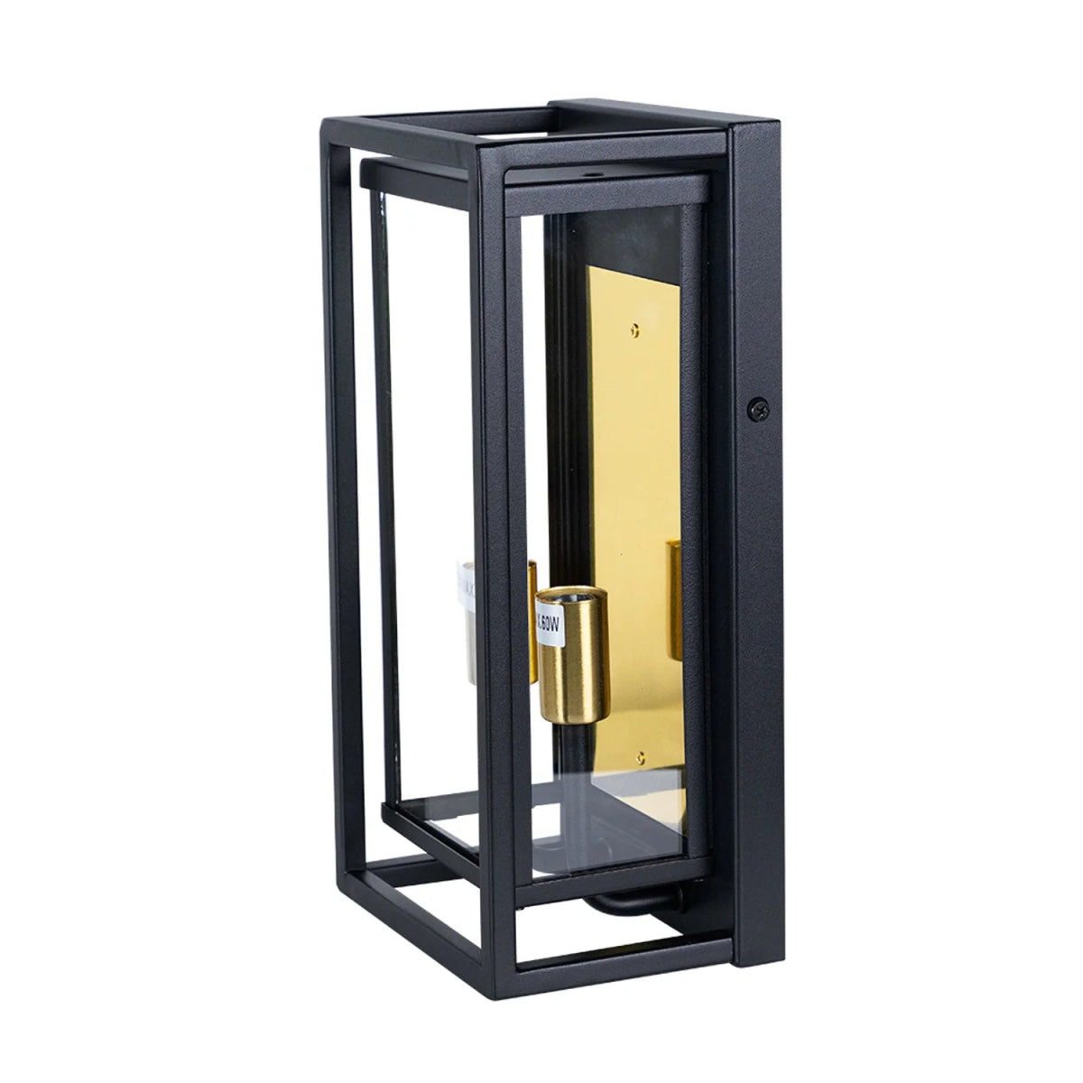 Black metal wall-mounted lantern with gold interior on a white background