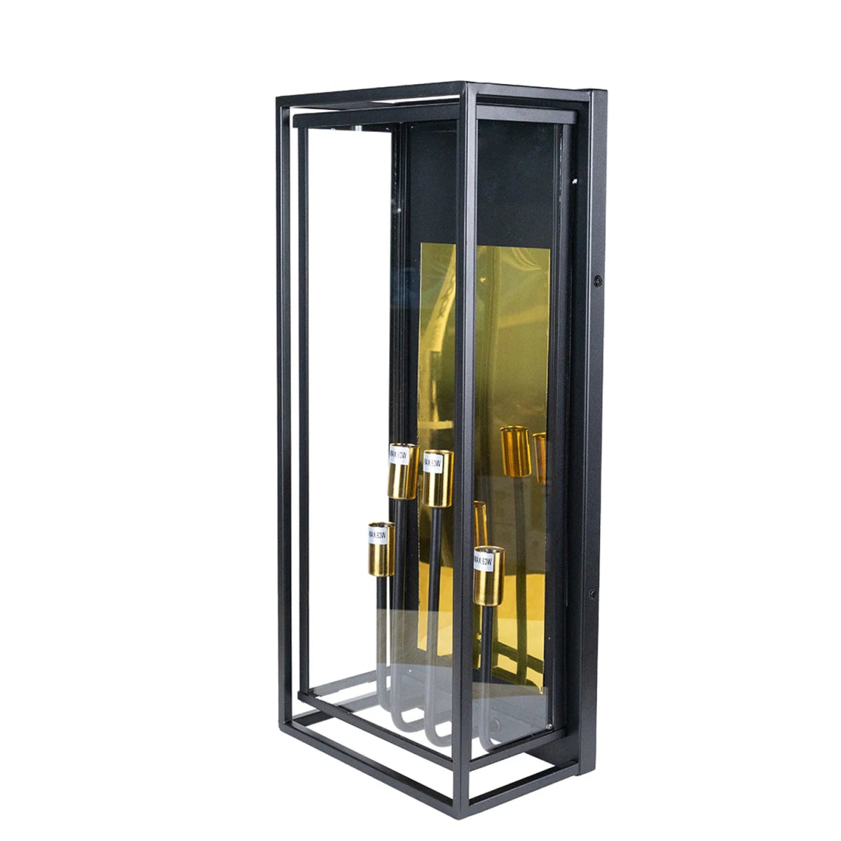 Glass display case with black frame containing gold-colored items on a white background