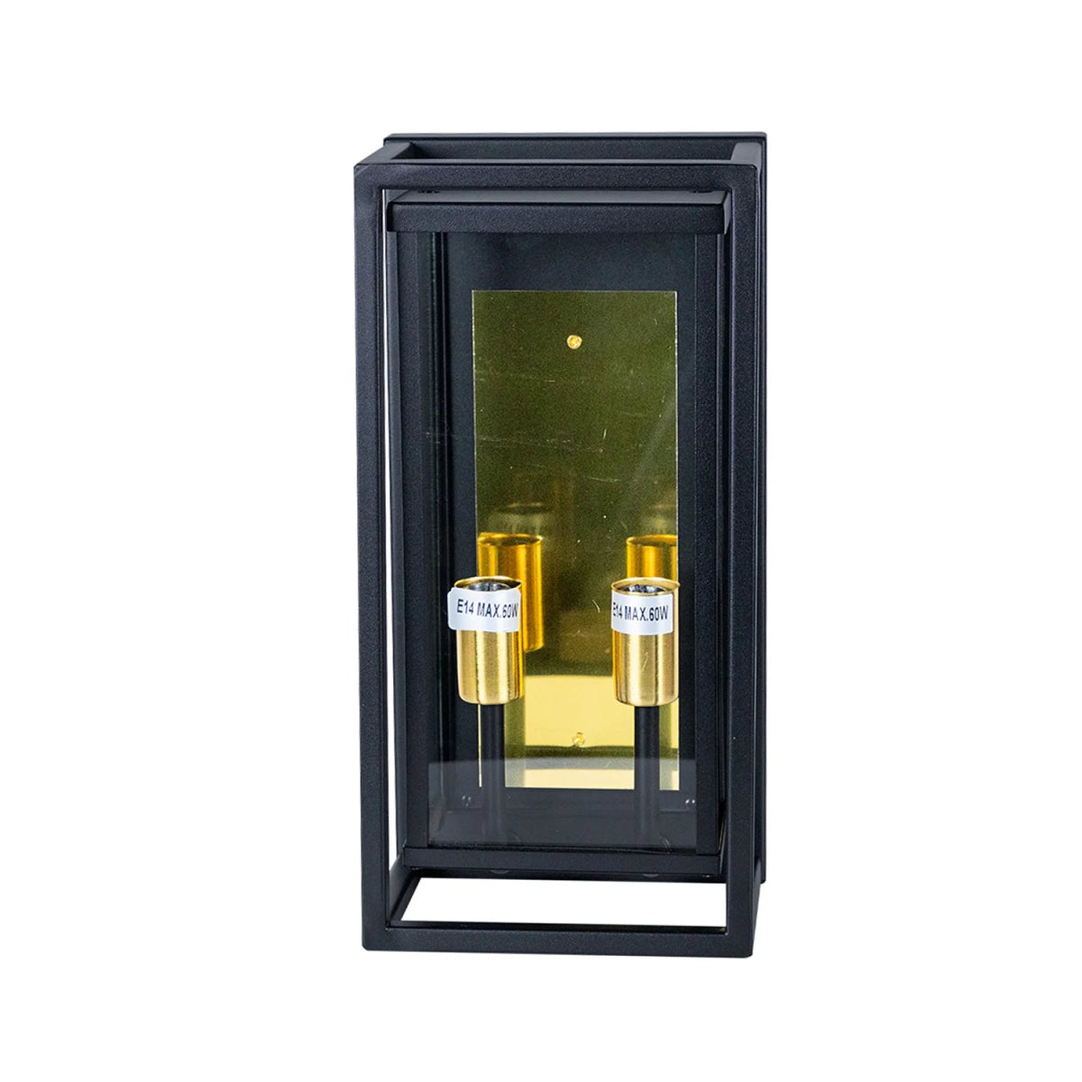 Black rectangular display case with gold bottles inside on a white background