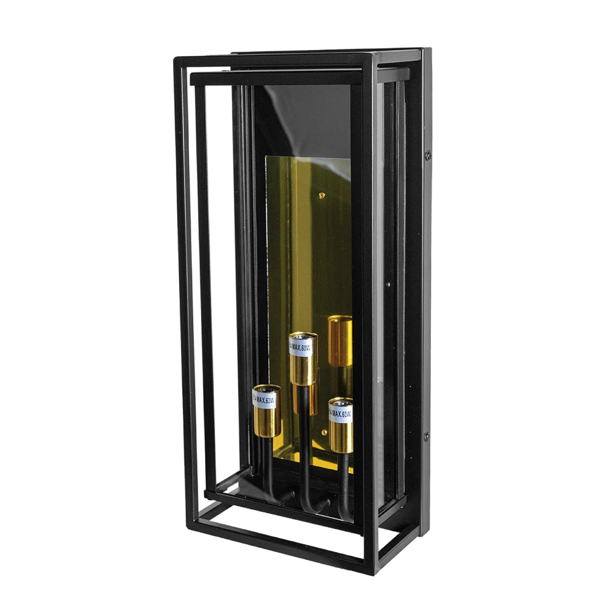 Black metal wine rack with glass front displaying three bottles on a white background