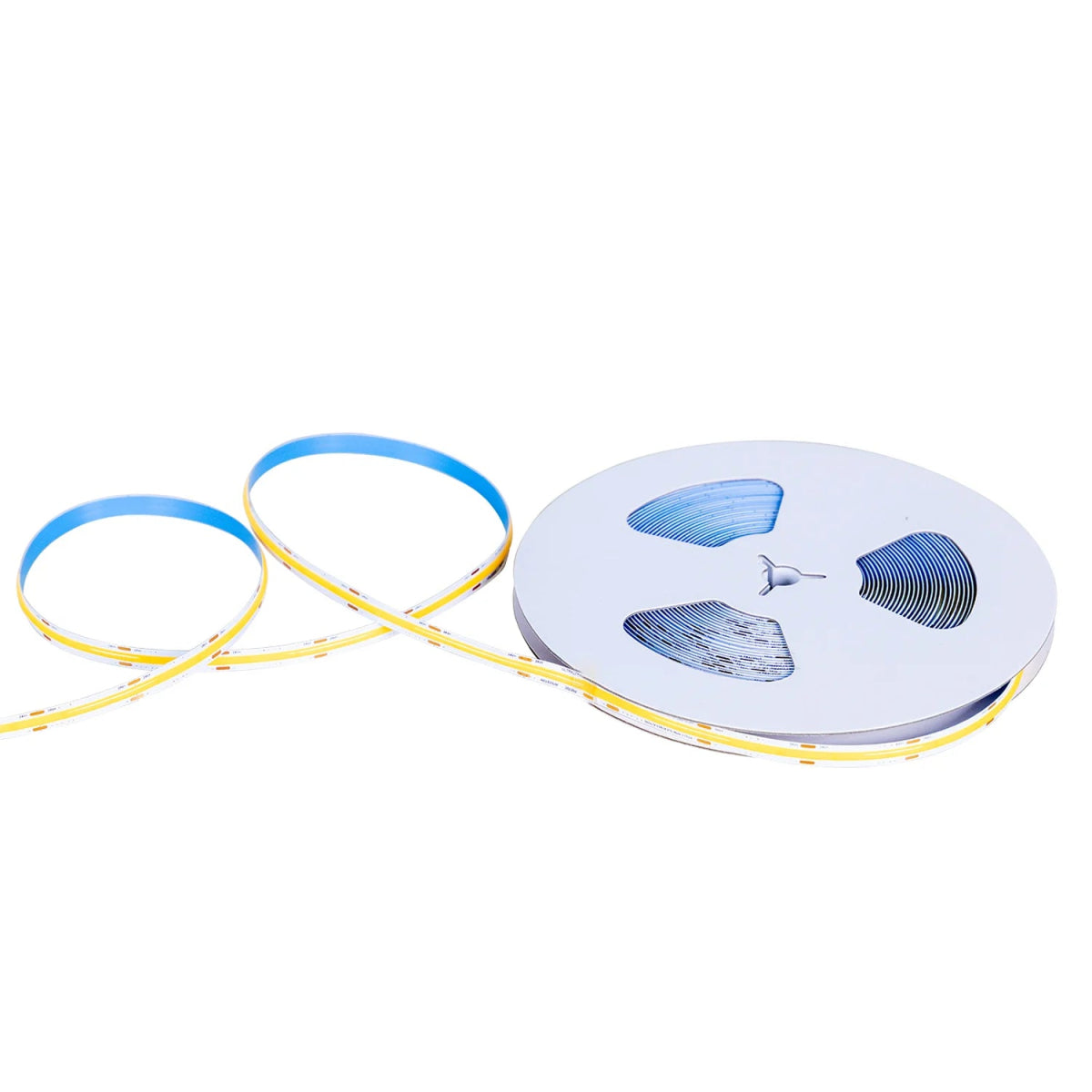 Reel of blue and yellow tape on a white background