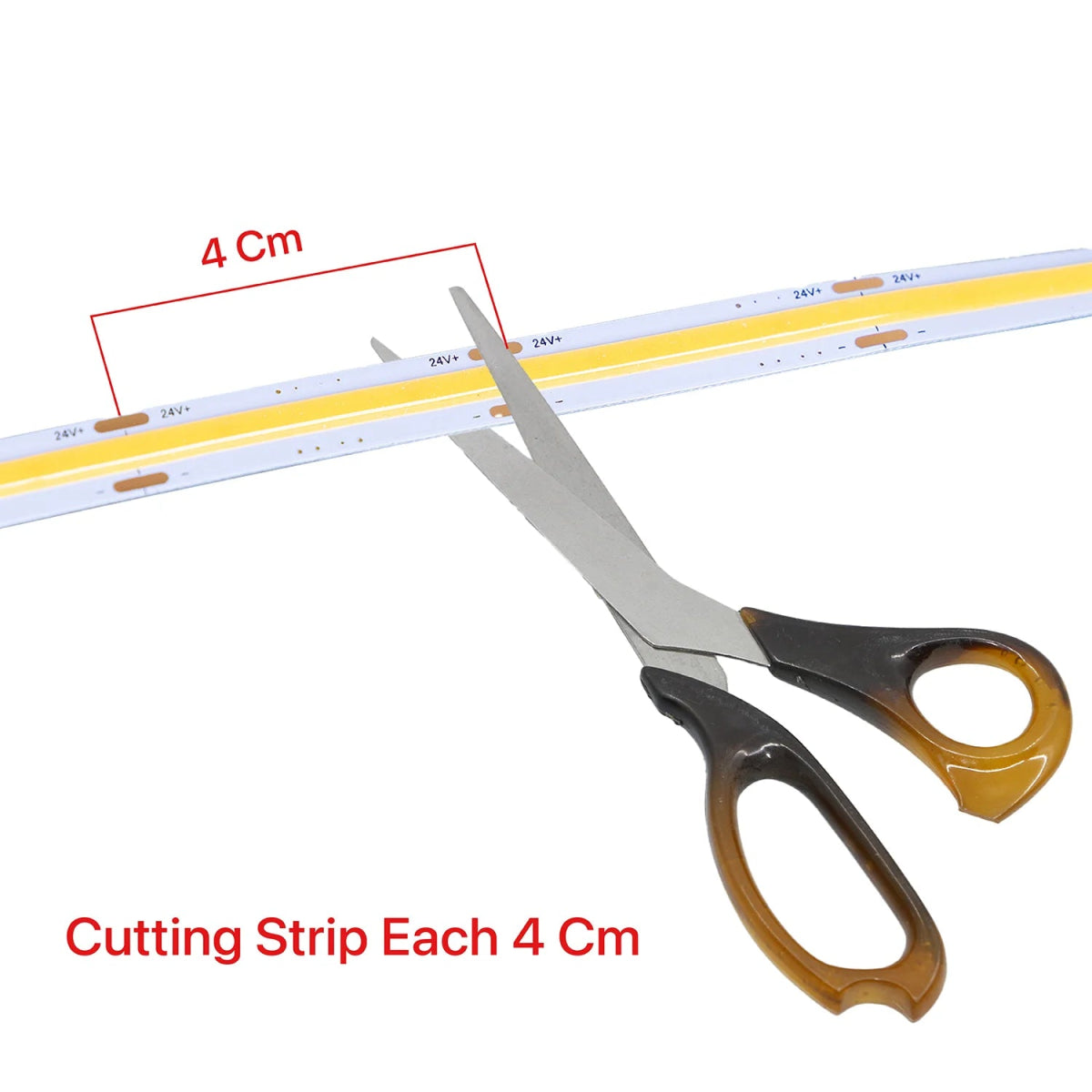 Scissors cutting a strip of material with a ruler and measurement text on a white background