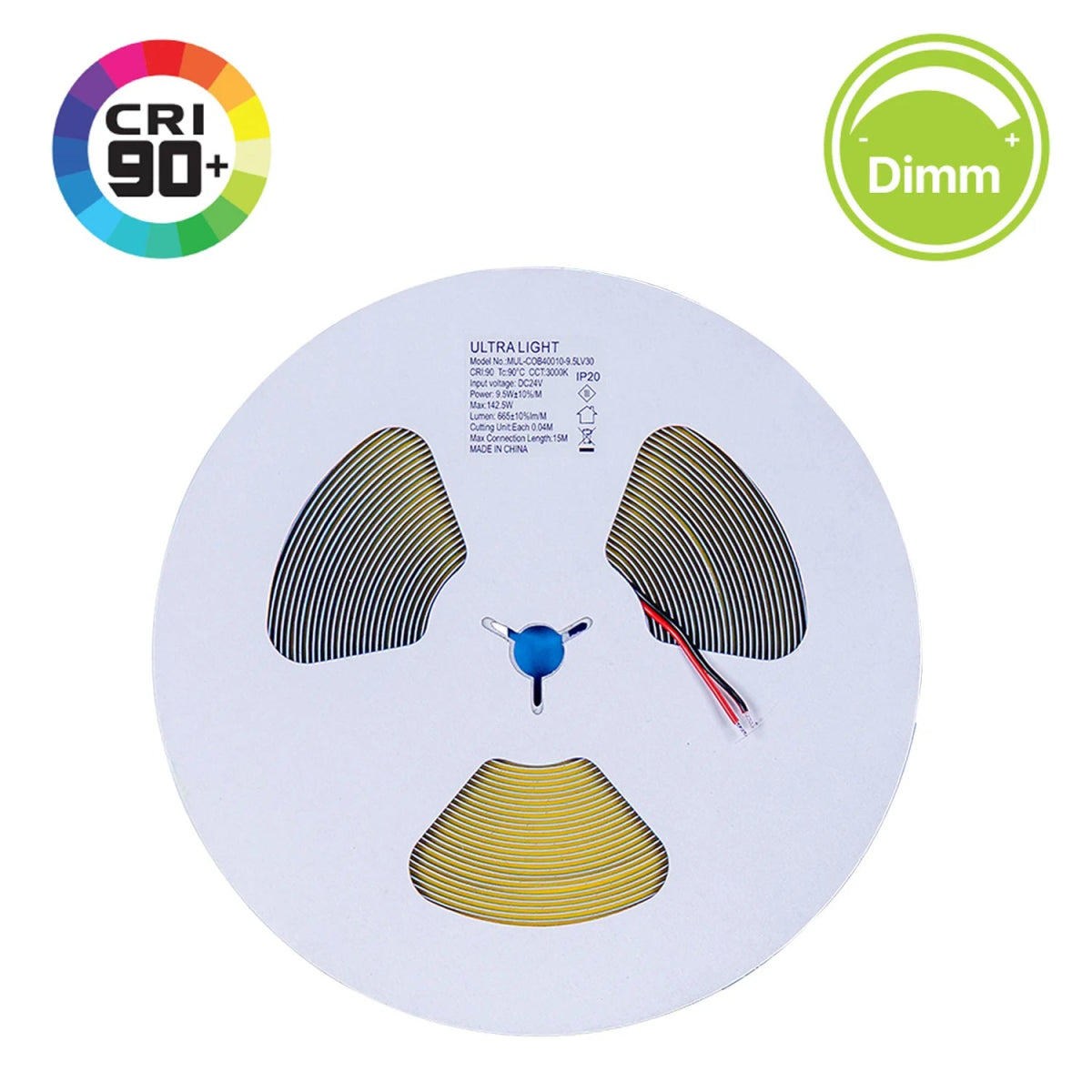 Light bulb with CRI 90+ and Dimm labels on a white background