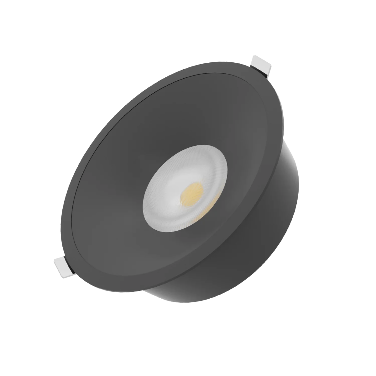 Black recessed ceiling light on a white background