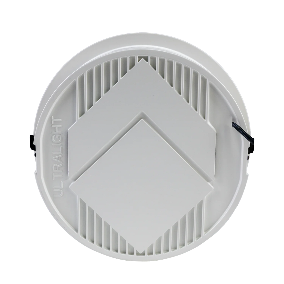 Round white light fixture with visible brand name on a white background