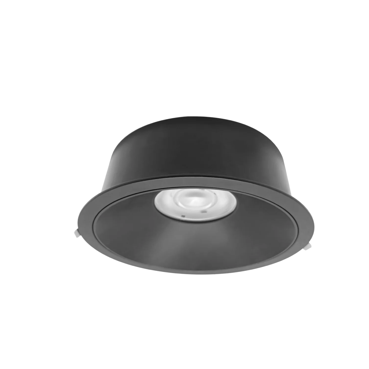 Black recessed ceiling light on a white background