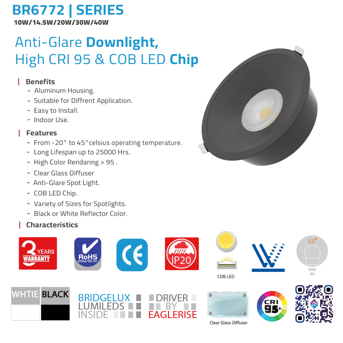 إنارة داون لايت بتقنية COB - مضاد للتوهج CRI 95 - إضاءة عالية الأداء (BR6772)