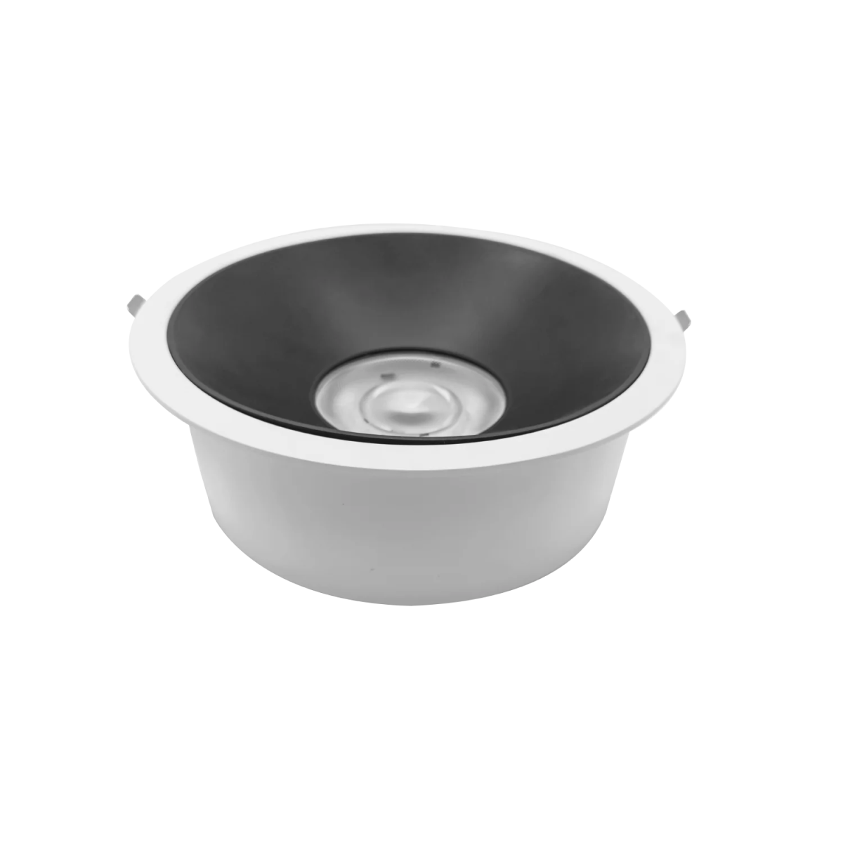 Round metal sink with black interior and white exterior on a white background