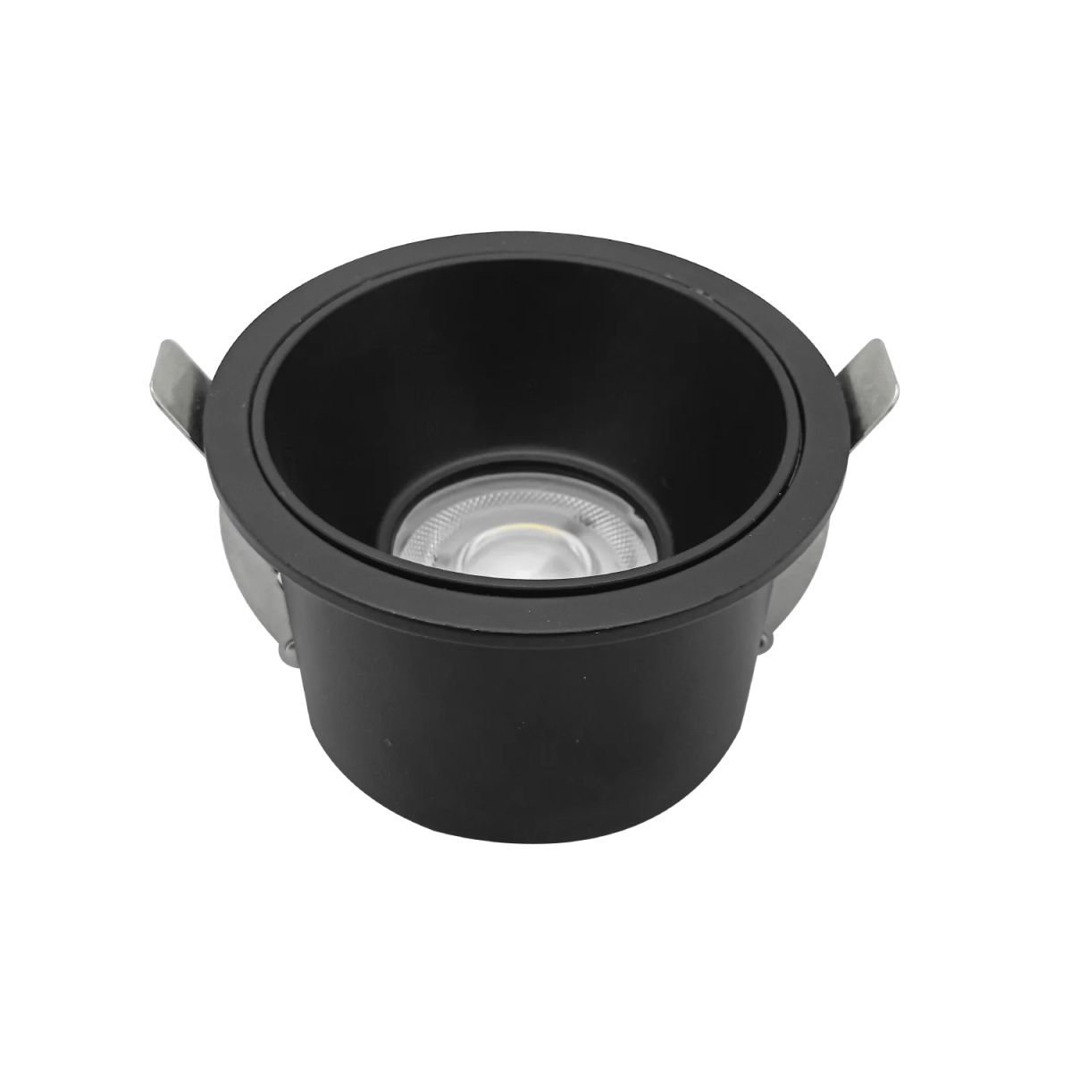 Black recessed lighting fixture on a white background