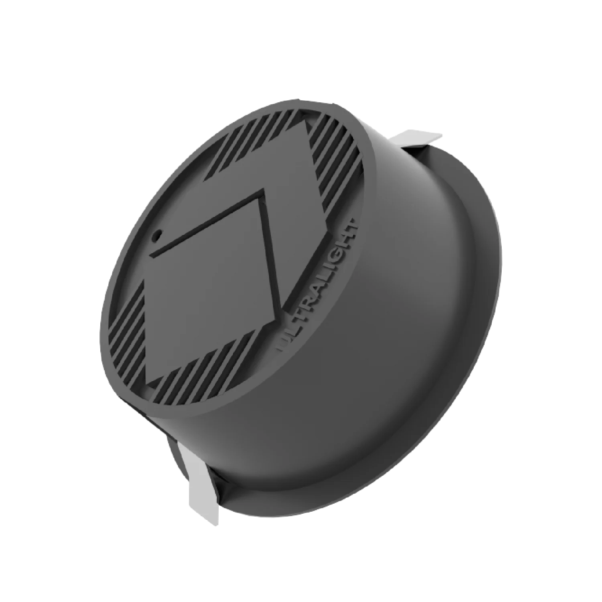 Black camera lens cap with brand logo on a white background