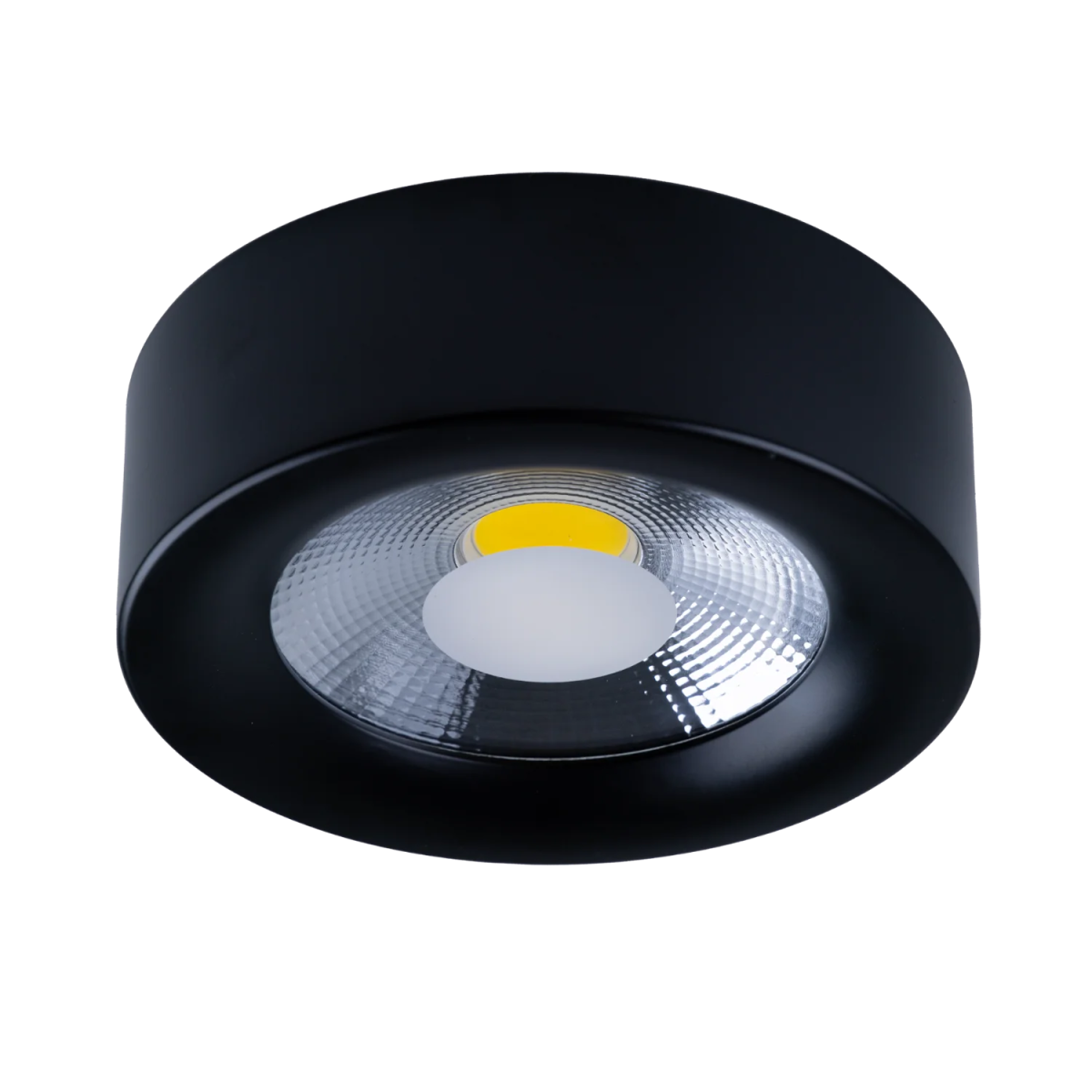 Black round ceiling light fixture on a white background