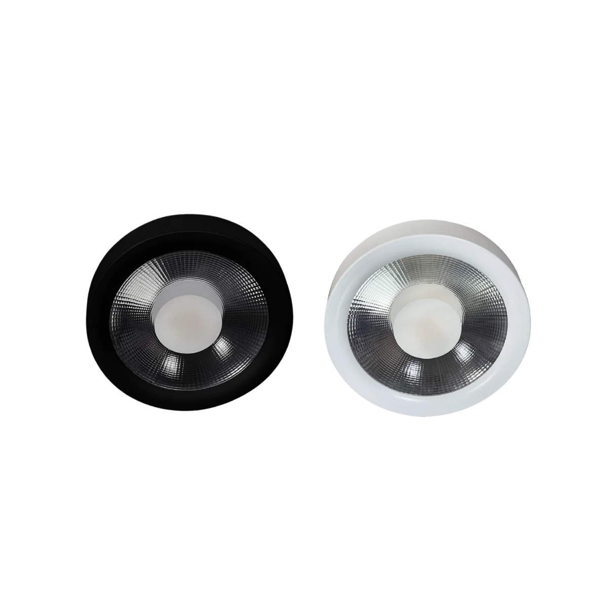 Two round light fixtures, one black and one white, on a white background