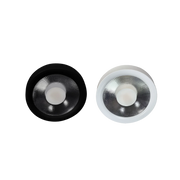 Two round light fixtures, one black and one white, on a white background