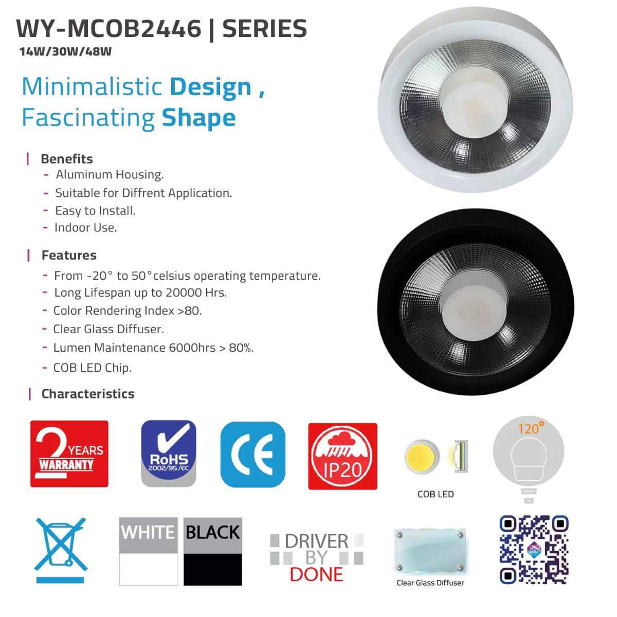 Light fixture with specifications and features on a white background