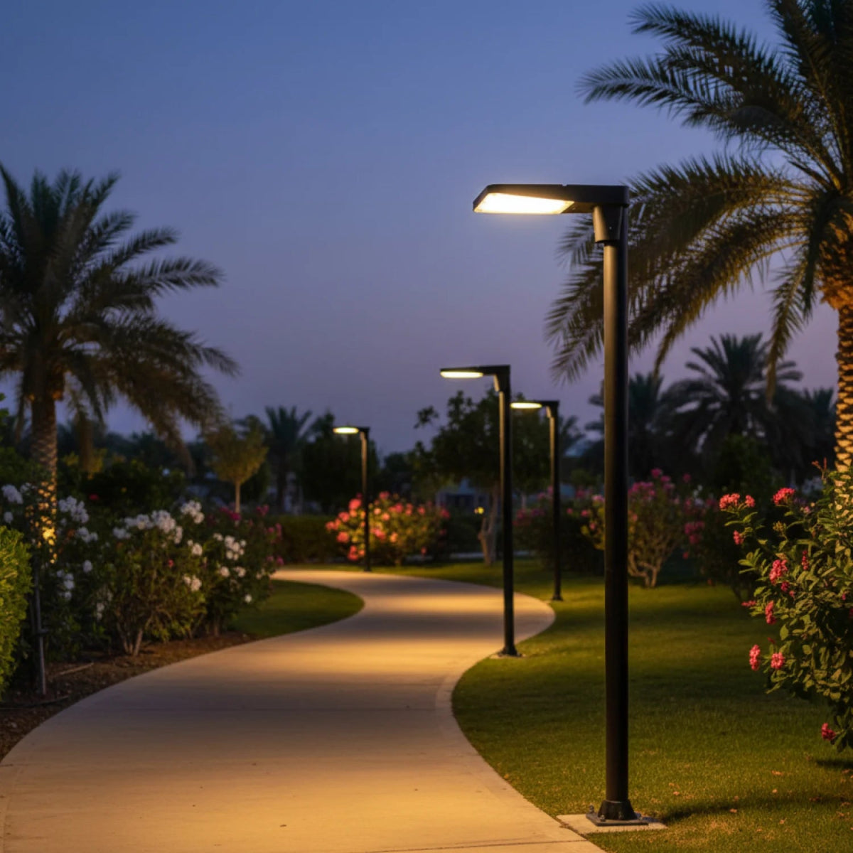 Pathway with illuminated streetlights in a garden setting at night