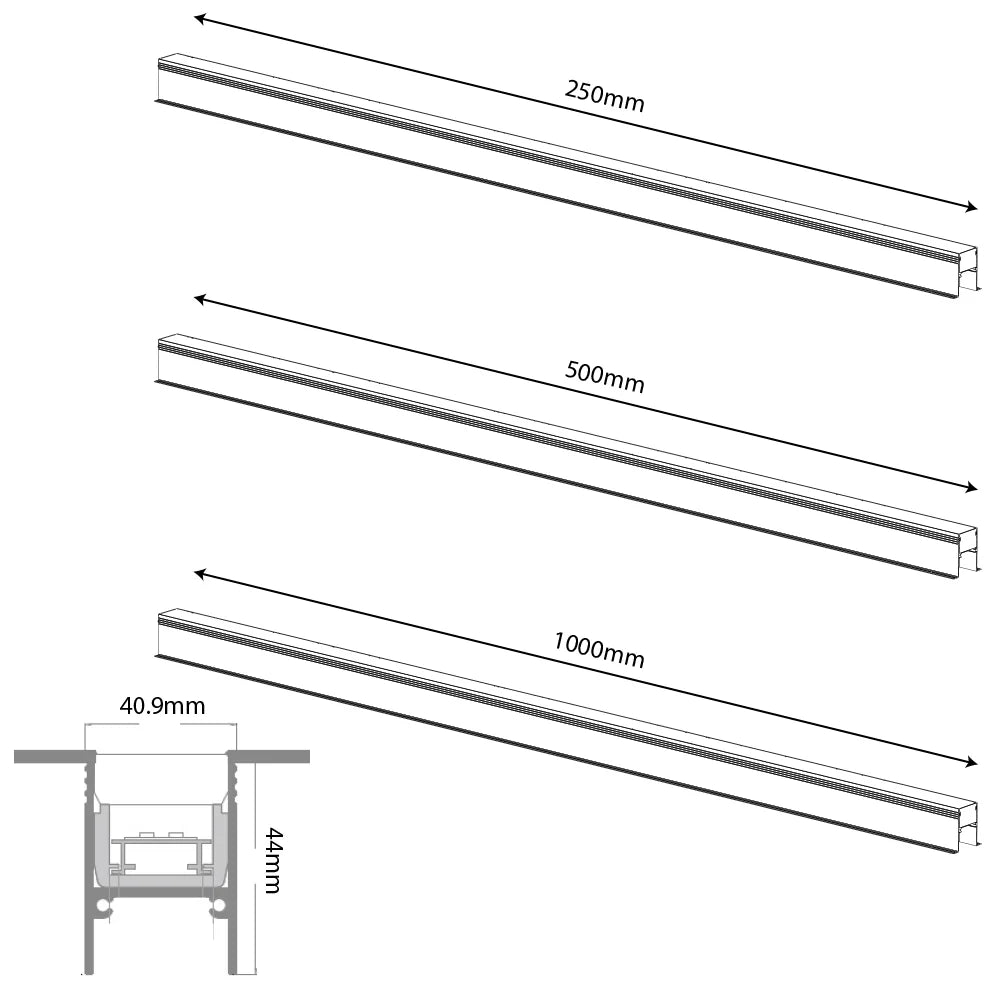 Measurement chart of metal profiles with dimensions labeled