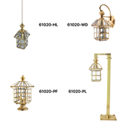 A set of four gold-colored LED outdoor light fixtures with different designs, including a hanging lantern and a wall bracket.