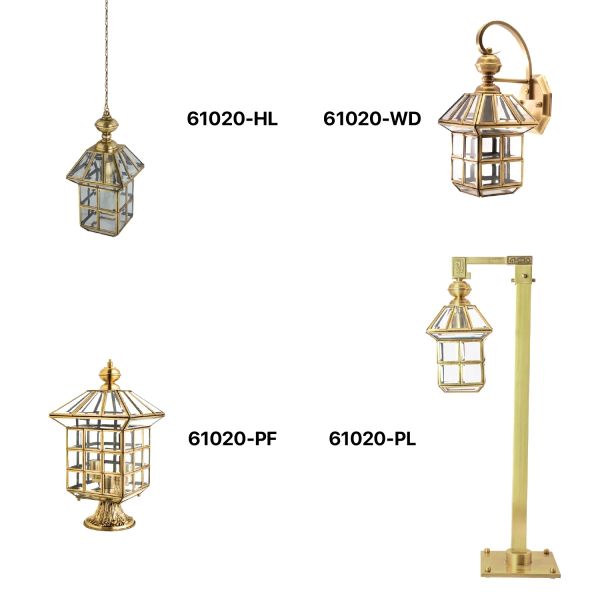 A set of four gold-colored LED outdoor light fixtures with different designs, including a hanging lantern and a wall bracket.