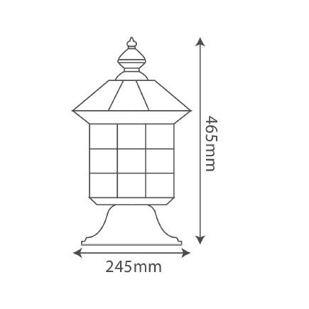 Line drawing of a decorative lantern with dimensions labeled