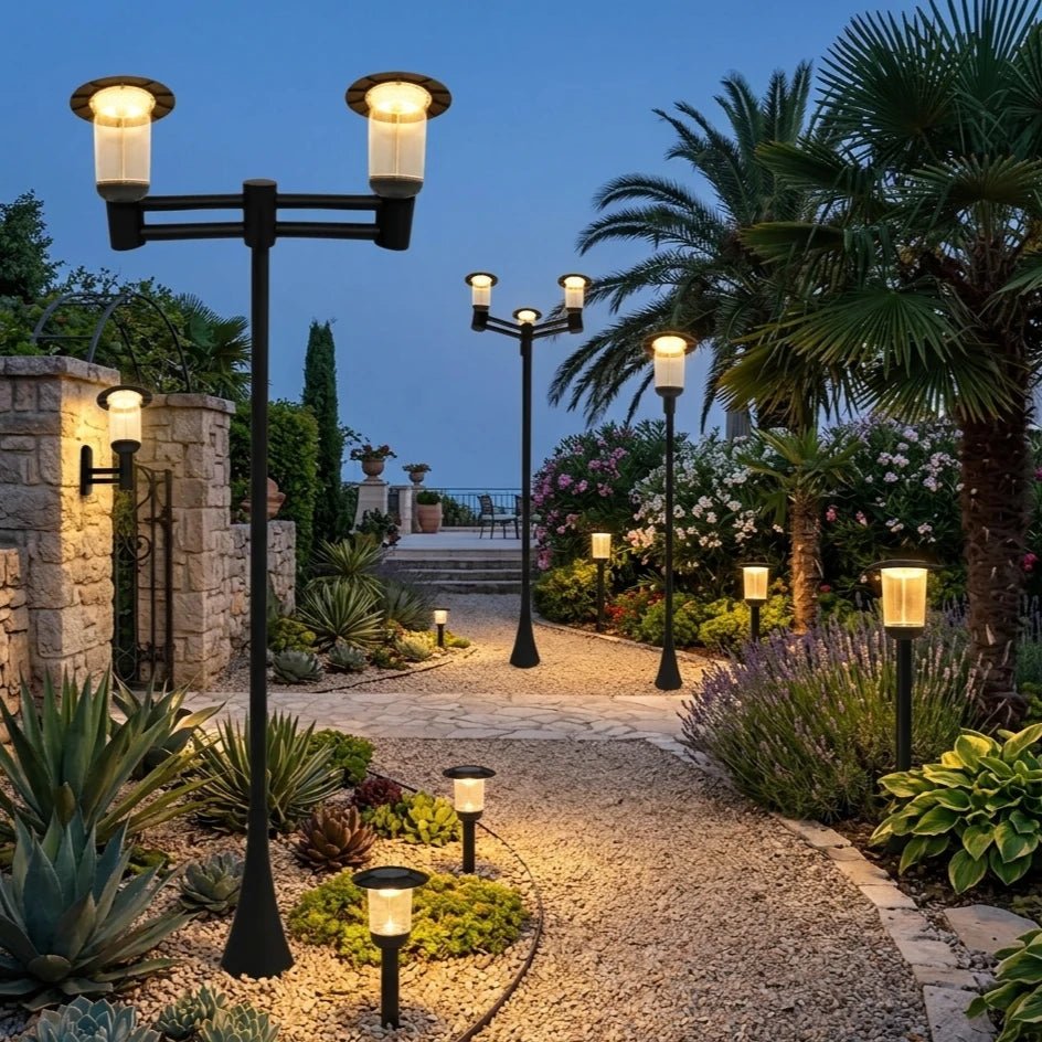 Garden pathway with decorative lamps and palm trees at dusk.
