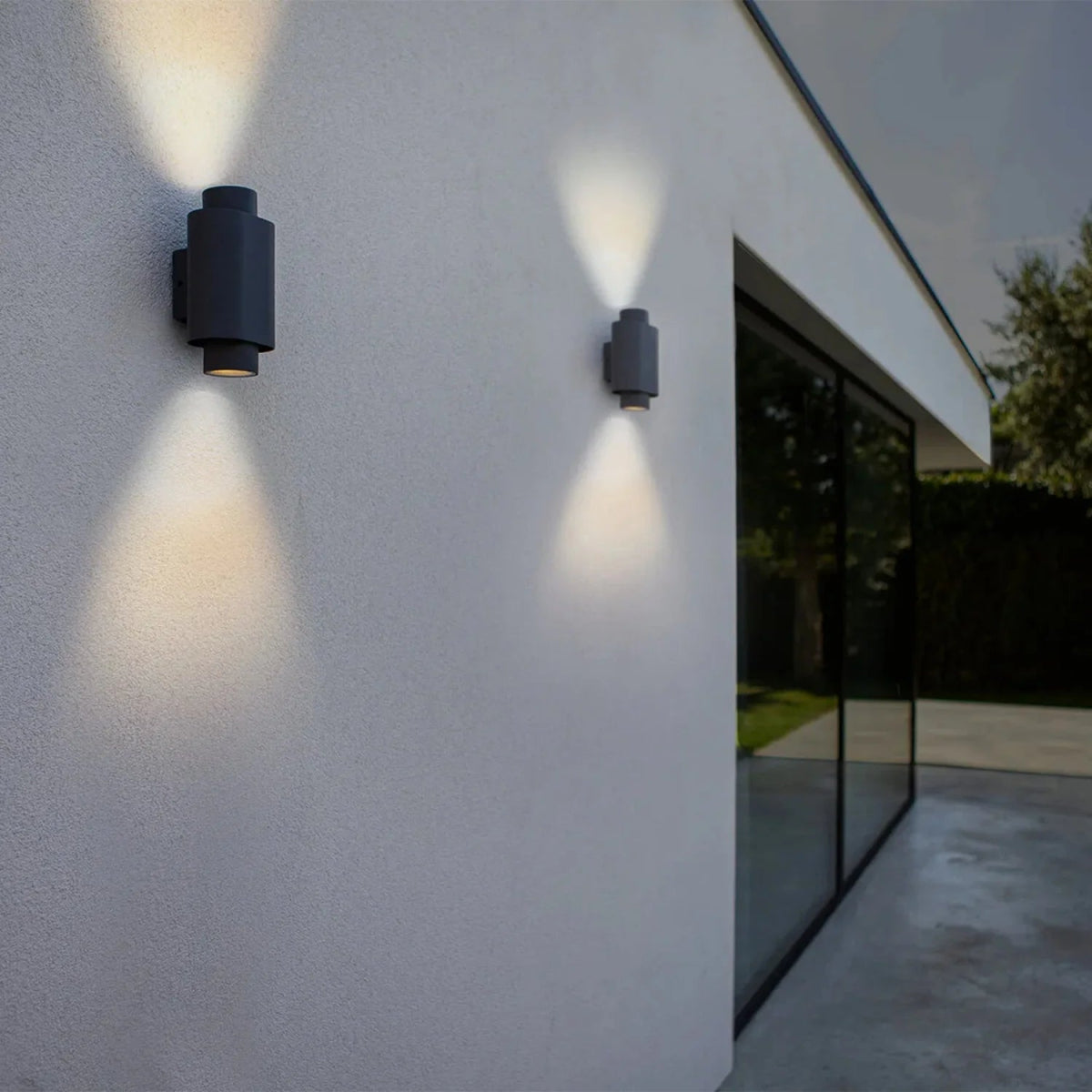 Modern outdoor wall lights on a house exterior