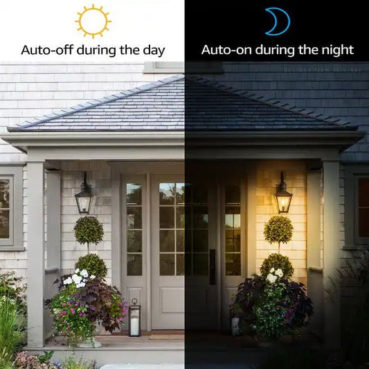 Comparison of a house exterior during the day and night with solar lights.
