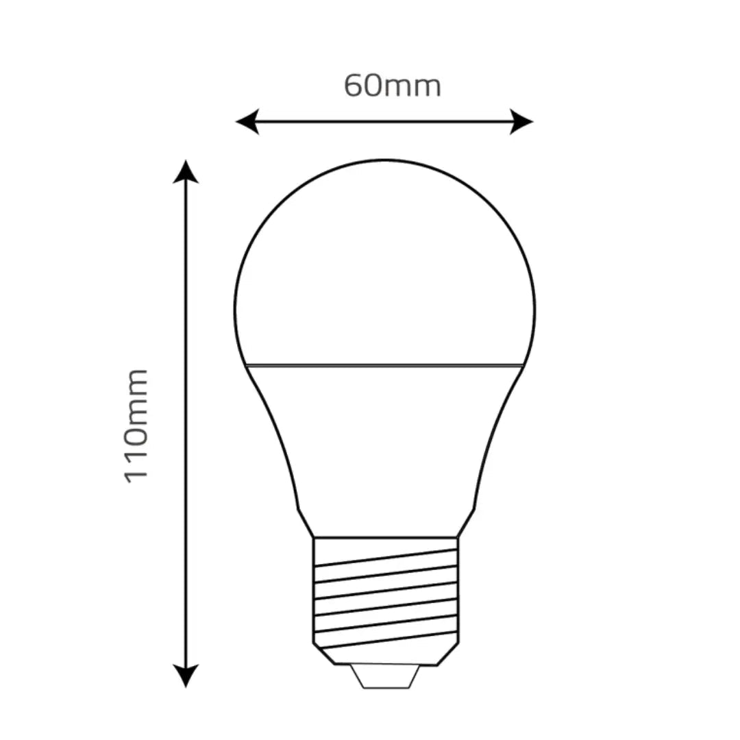 Measurement chart of a light bulb with dimensions labeled