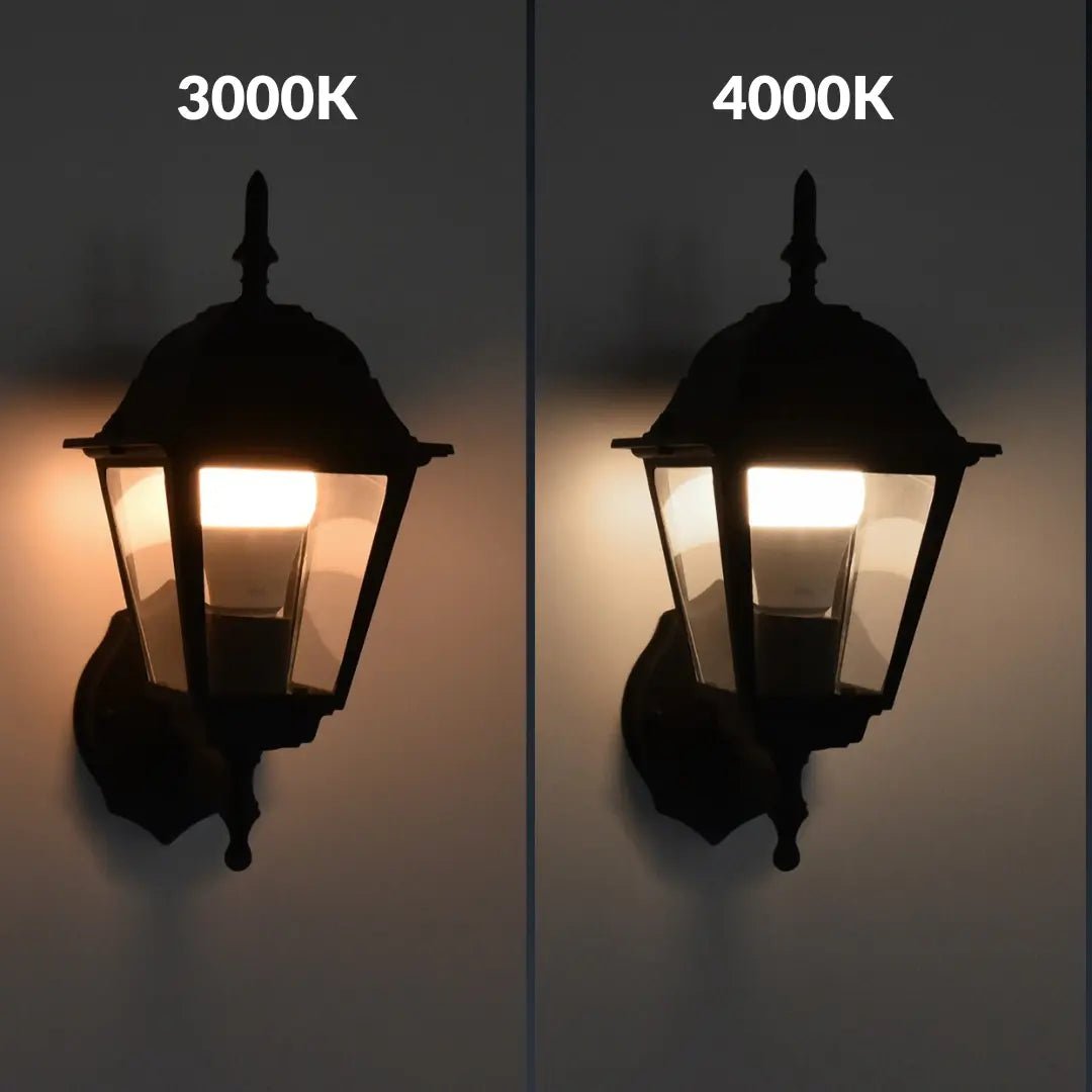 Two wall-mounted lanterns side by side, one labeled 3000K and the other 4000K, on a dark background.