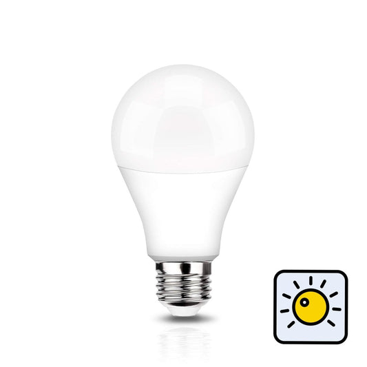 White light bulb with a sun icon on a white background