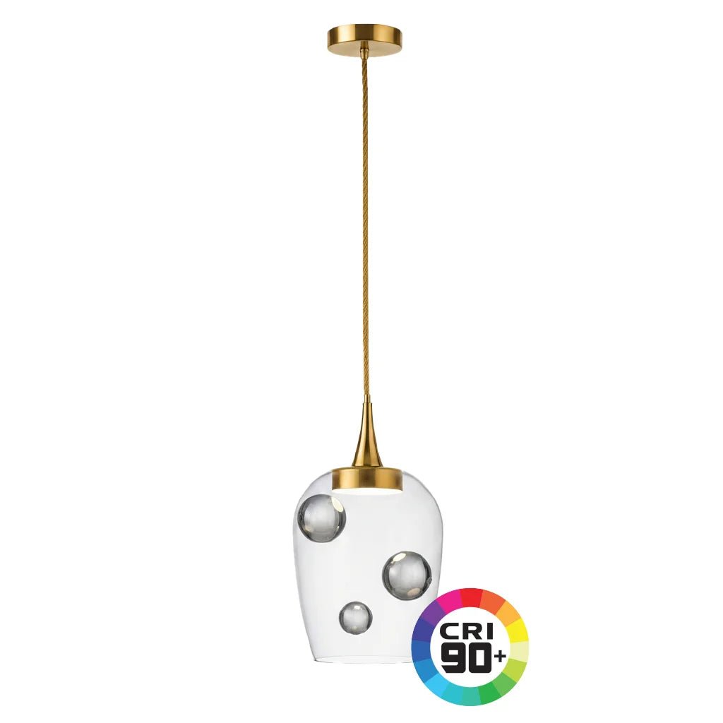 Modern pendant light with gold fixture and clear glass shade on a white background, featuring CRI 90+ logo.