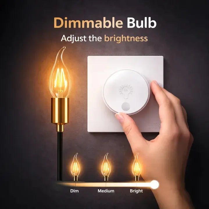 Hand adjusting a dimmable light bulb with labeled brightness settings on a dark background