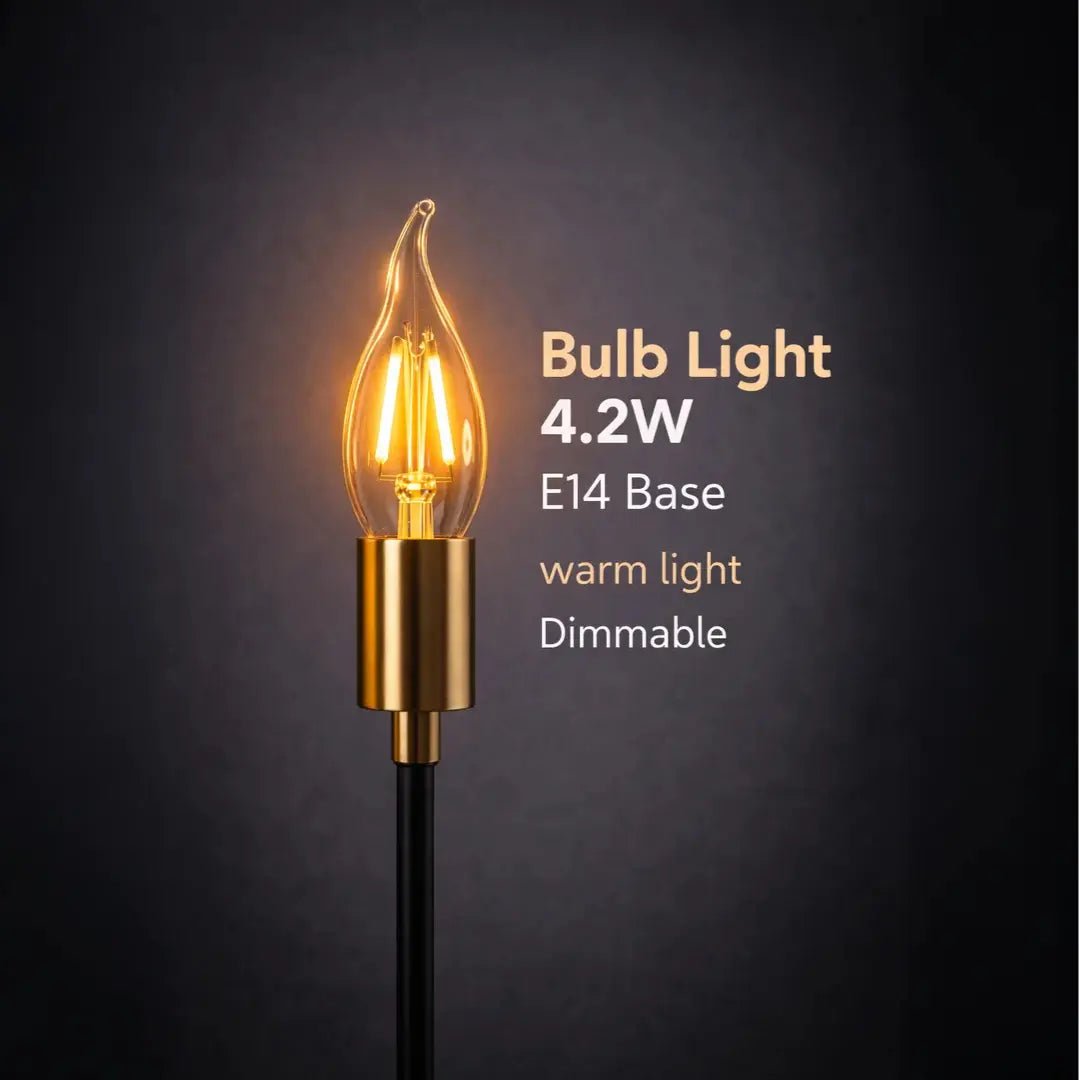 Decorative light bulb with specifications on a dark background