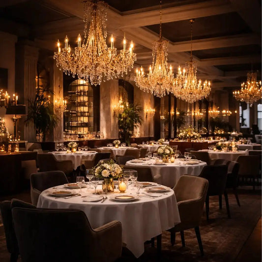 Elegant restaurant interior with chandeliers, tables set for dinner, and decorative elements.