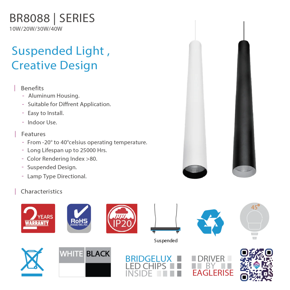 Ultralight Directional Pendant Ceiling Light 10W–40W (BR8088-RD)