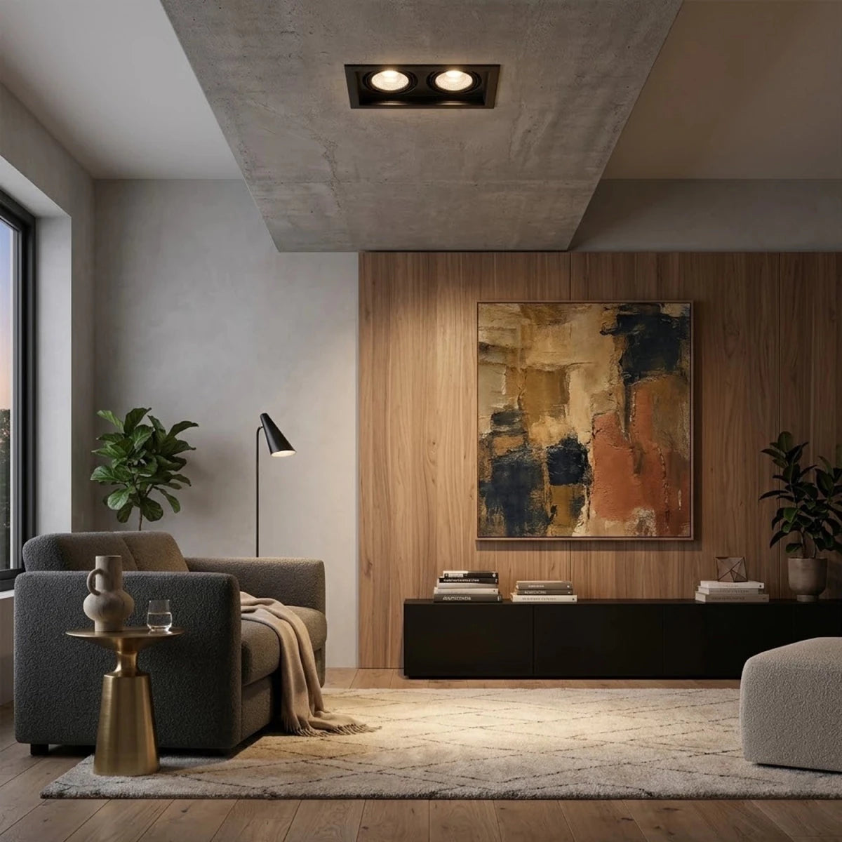 Black recessed ceiling light on a white background