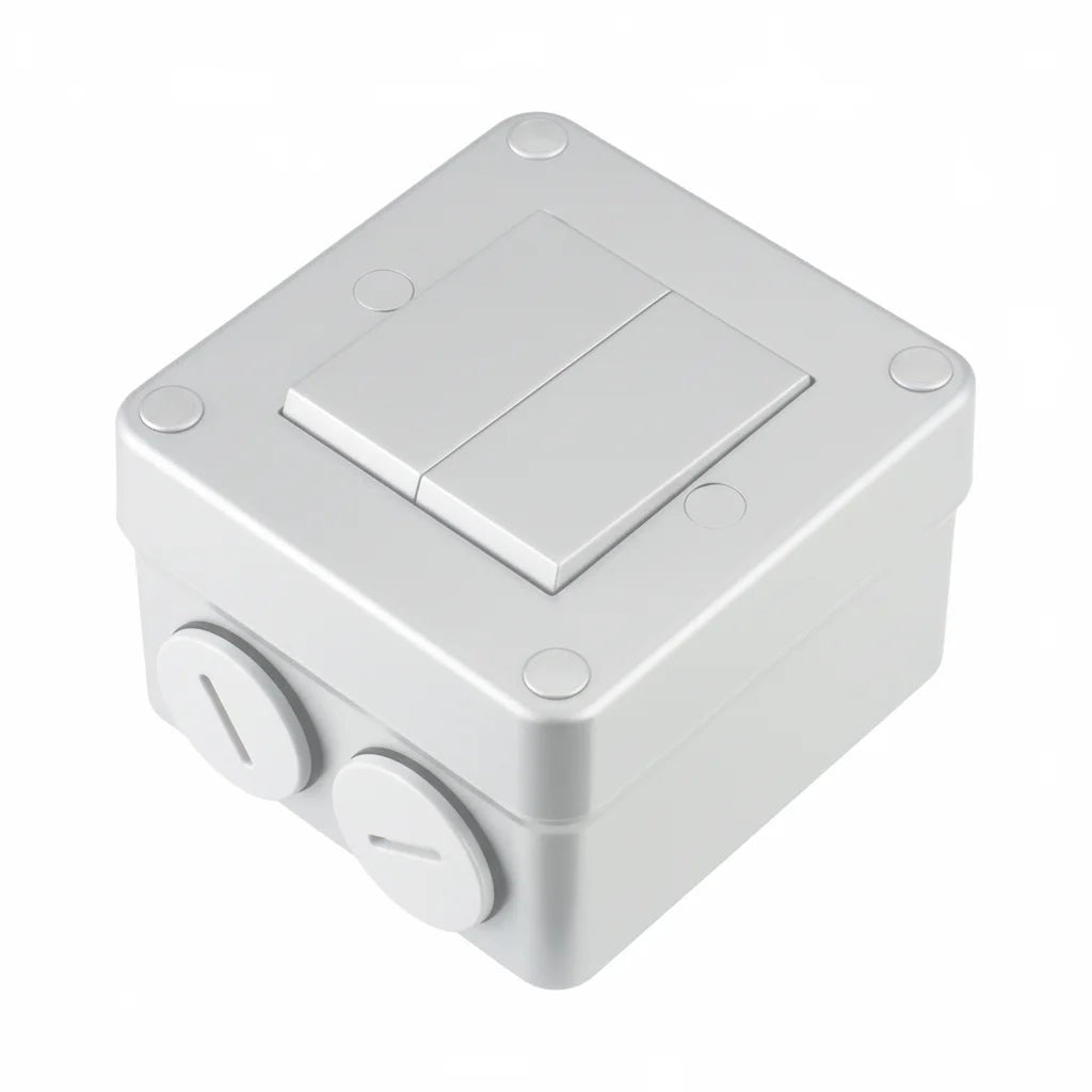 White plastic junction box with two sockets on a white background