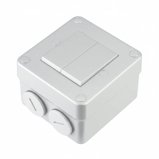 White plastic junction box with two sockets on a white background